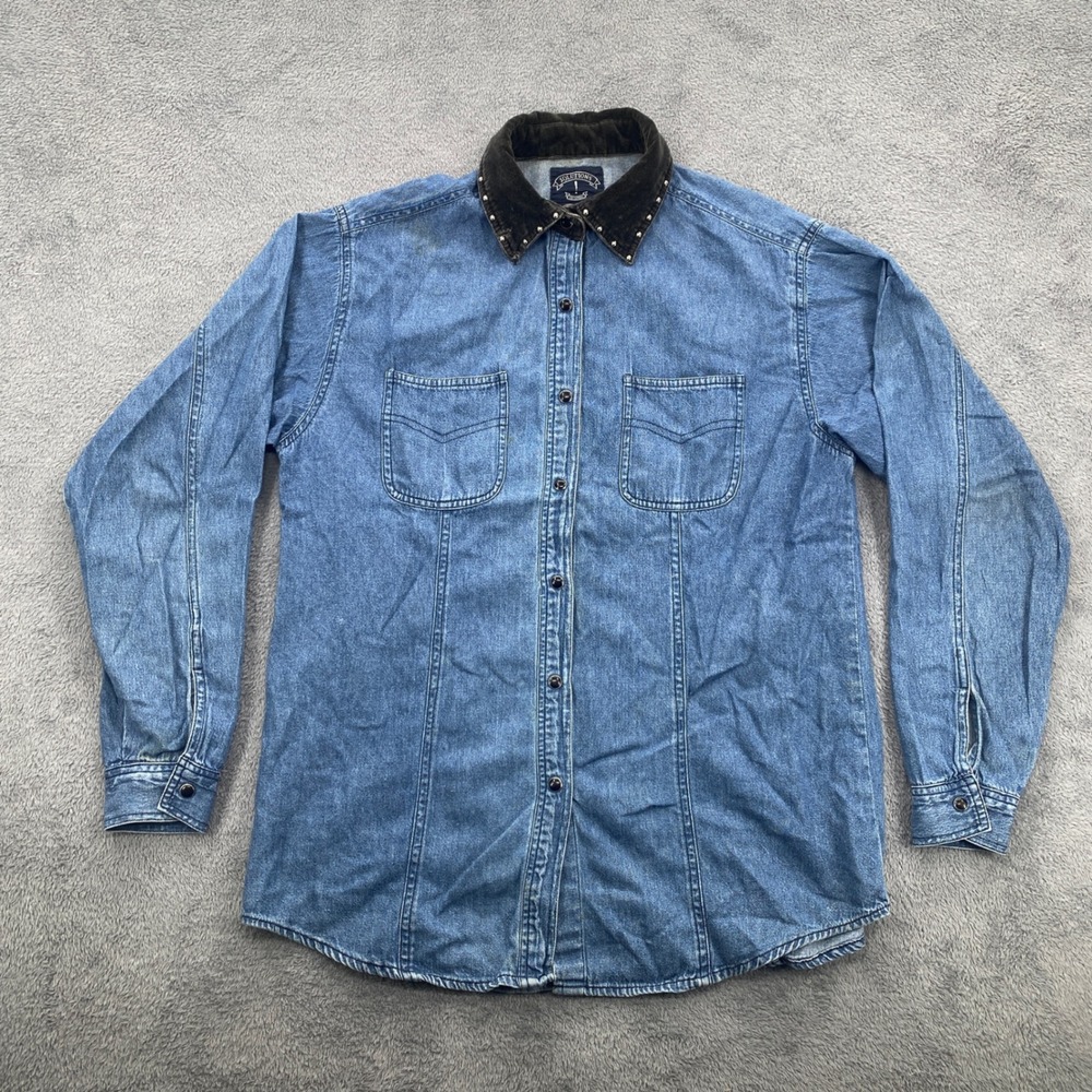 Solutions Denim Shirt Womens Large Blue Studded Corduroy Collar Western Shirt